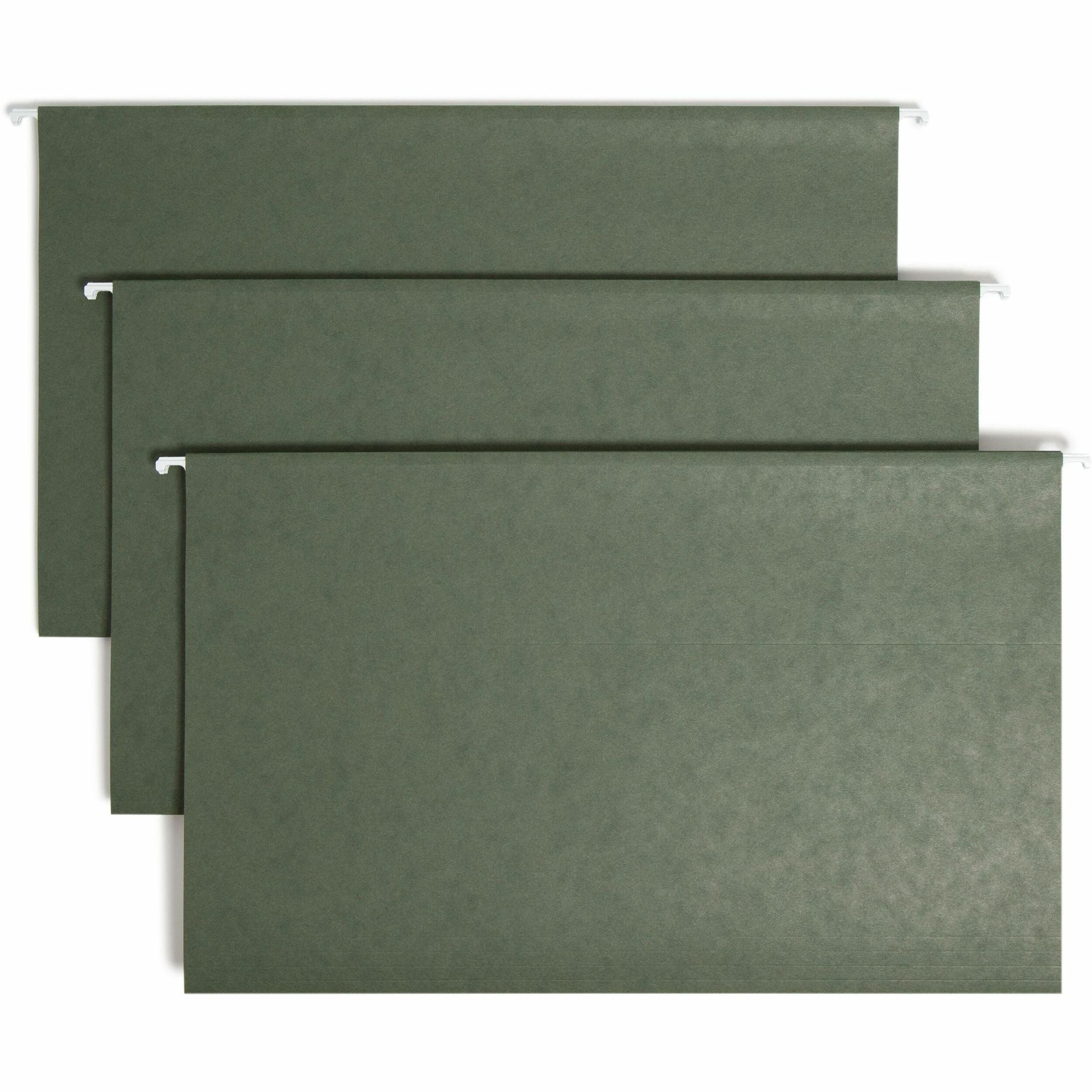 Smead 1/3 Tab Cut Legal Recycled Hanging Folder - 8 1/2" x 14" - Top Tab Location - Assorted Tab Position - 11 pt. - Vinyl - Standard Green - 10% Recycled - 25 / Box
