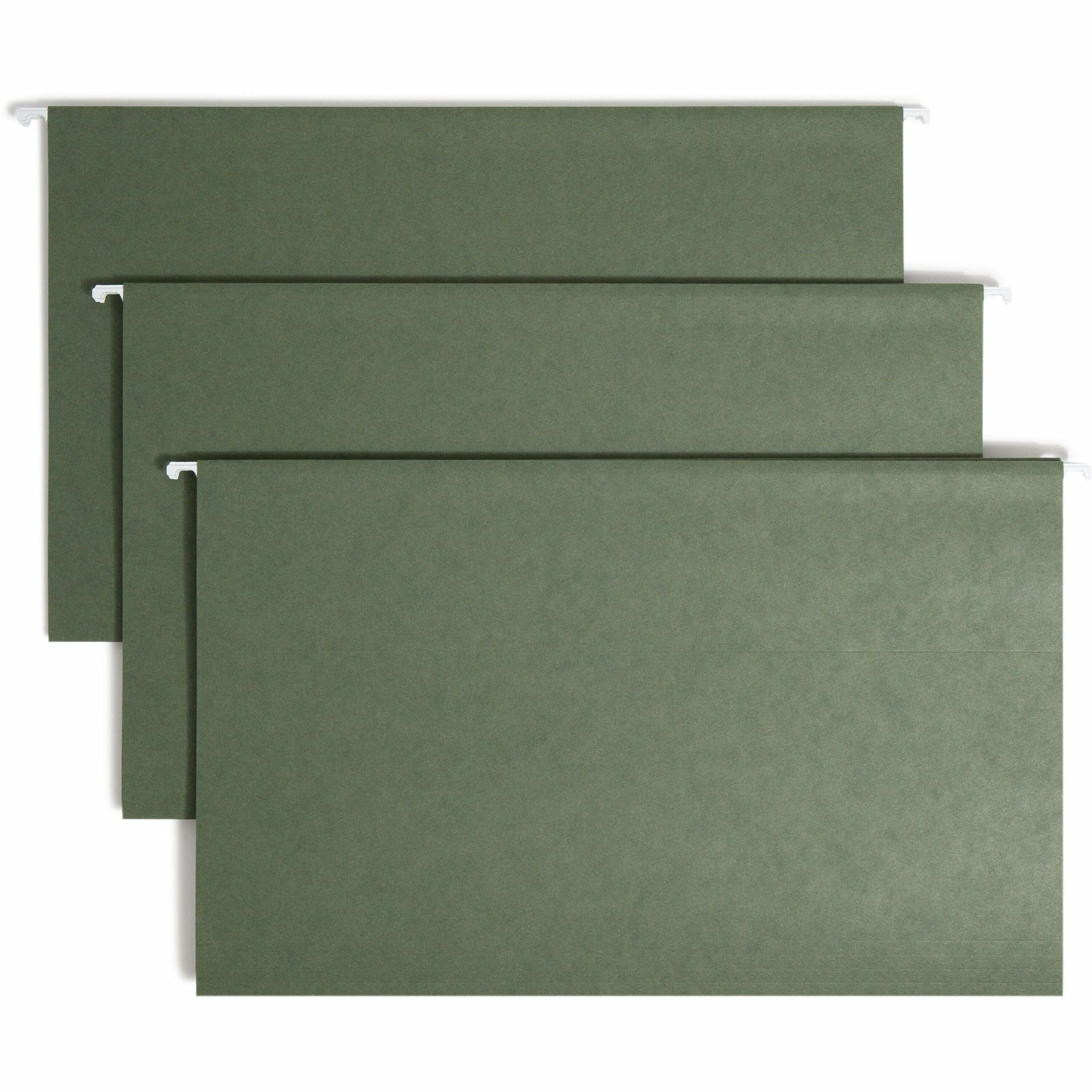 Smead 1/5 Tab Cut Legal Recycled Hanging Folder - 8 1/2" x 14" - Top Tab Location - Assorted Tab Position - 11 pt. - Vinyl - Standard Green - 10% Recycled - 25 / Box