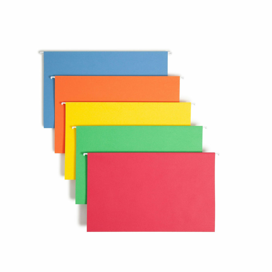 Smead 1/5 Tab Cut Legal Recycled Hanging Folder - 8 1/2" x 14" - Top Tab Location - Assorted Tab Position - 11 pt. - Vinyl - Blue, Green, Orange, Red, Yellow - 10% Recycled - 25 / Box