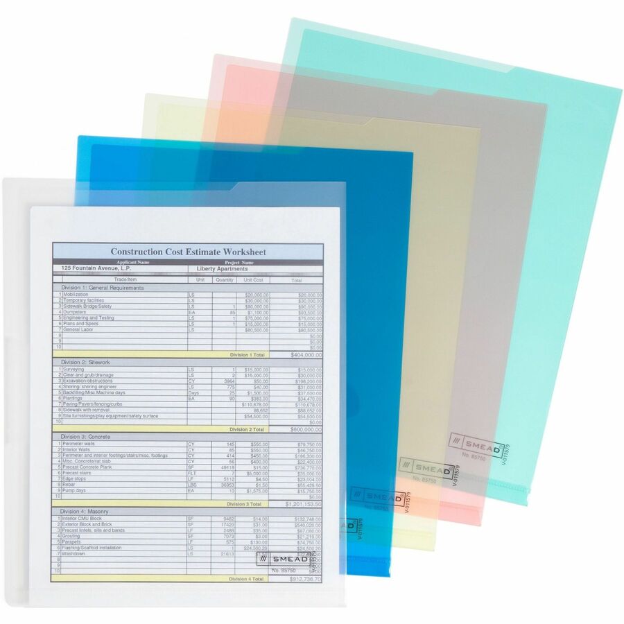 Smead Letter File Jacket - 8 1/2" x 11" - Polypropylene - Blue, Clear, Green, Red, Yellow - 5 / Pack