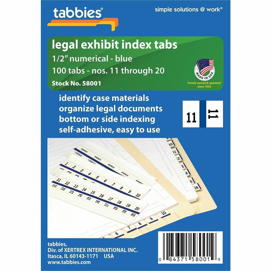 Tabbies Legal Index Divider Tabs - 10 Printed Tab(s) - Digit - 11-20 - 8.5" Divider Width x 11" Divider Length - Letter - 7 Hole Punched - White Paper Divider - Punched, Laminated Tab - 100 / Pack