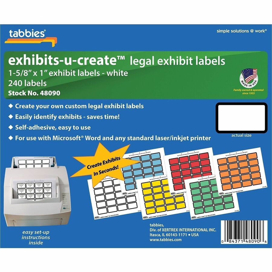 Tabbies Legal Exhibits-U-Create 1" Labels - 1 5/8" Width x 1" Length - Laser - White - 20 / Sheet - 240 / Pack