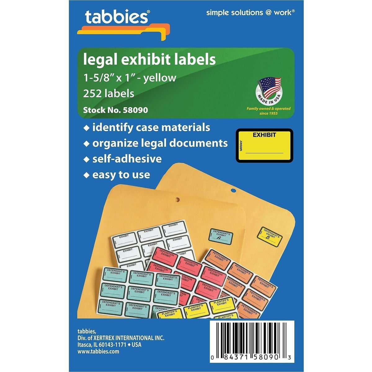 Tabbies Color-coded Legal Exhibit Labels - 1 5/8" Width x 1" Length - Yellow - 252 / Pack