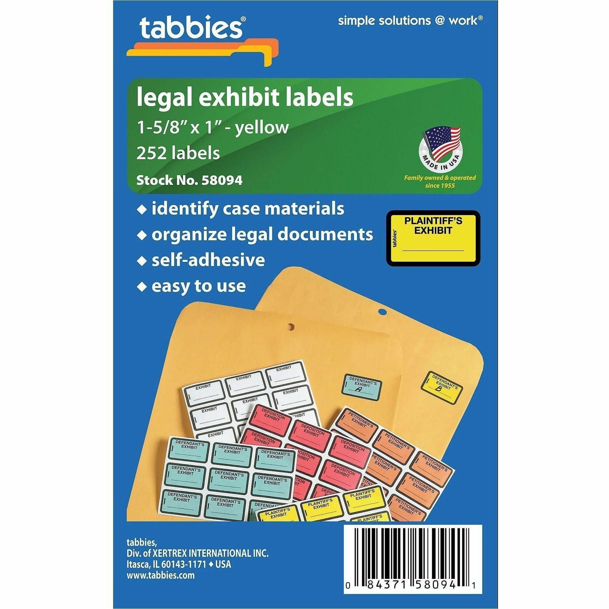 Tabbies Plaintiff's Exhibit Legal File Labels - 1 5/8" Width x 1" Length - Yellow - 252 / Pack
