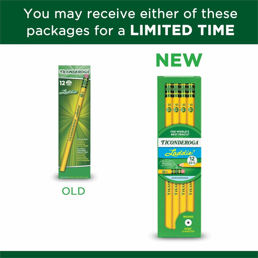 Ticonderoga Laddie No. 2 Pencils with Erasers - #2 - Yellow Barrel - 1 Dozen