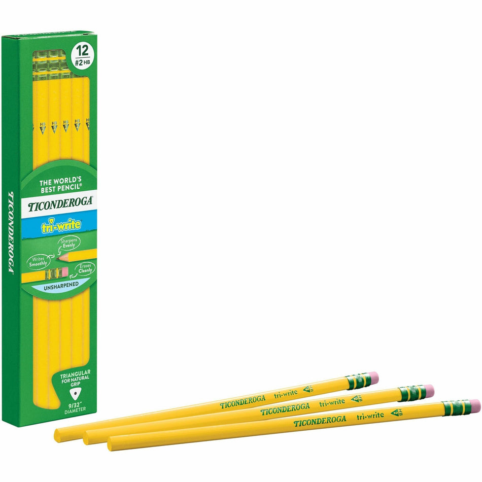 Ticonderoga Tri-Write Wooden Pencils - Black Lead - 2HB - Yellow Barrel - 12 / Box