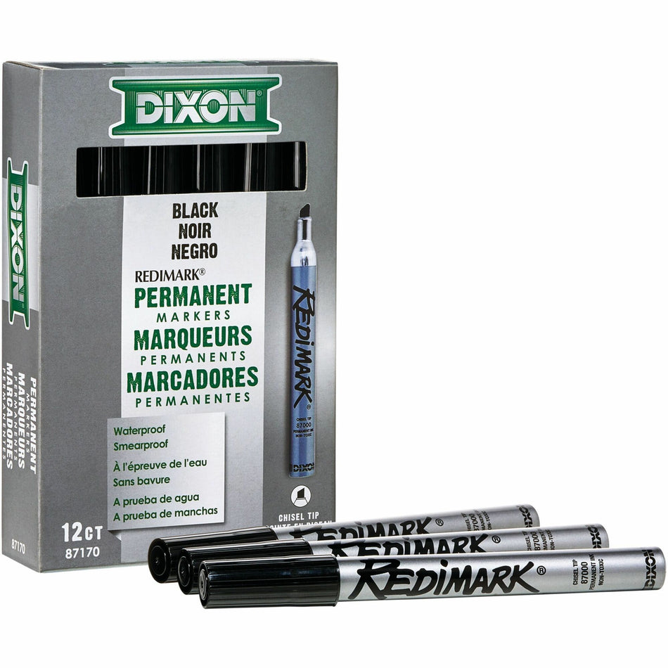 Dixon Industrial RediMark Chisel Tip Permanent Markers - Chisel Marker Point - Black Ink - Metal Barrel - 12 / Box