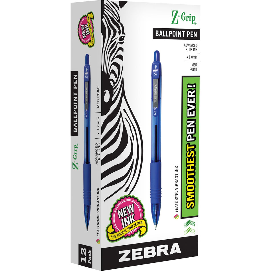 Zebra Z-Grip Retractable Ballpoint Pens - 1 mm Medium Pen Point - Retractable - Blue Ink - Clear, Blue Barrel - Nickel Tip - 1 Each