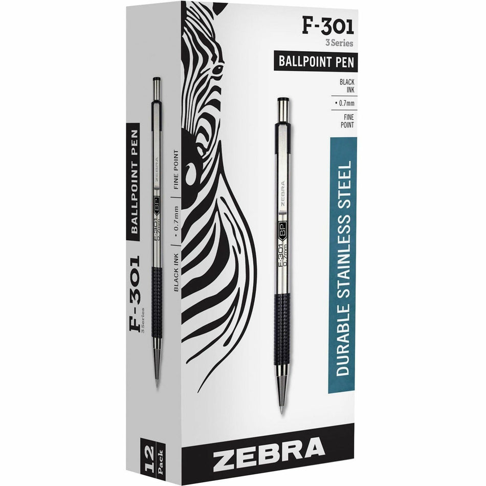 Zebra STEEL 3 Series F-301 Retractable Ballpoint Pen - 0.7 mm Fine Pen Point - Refillable - Retractable - Black Ink - Stainless Steel Stainless Steel Barrel - 12 / Box