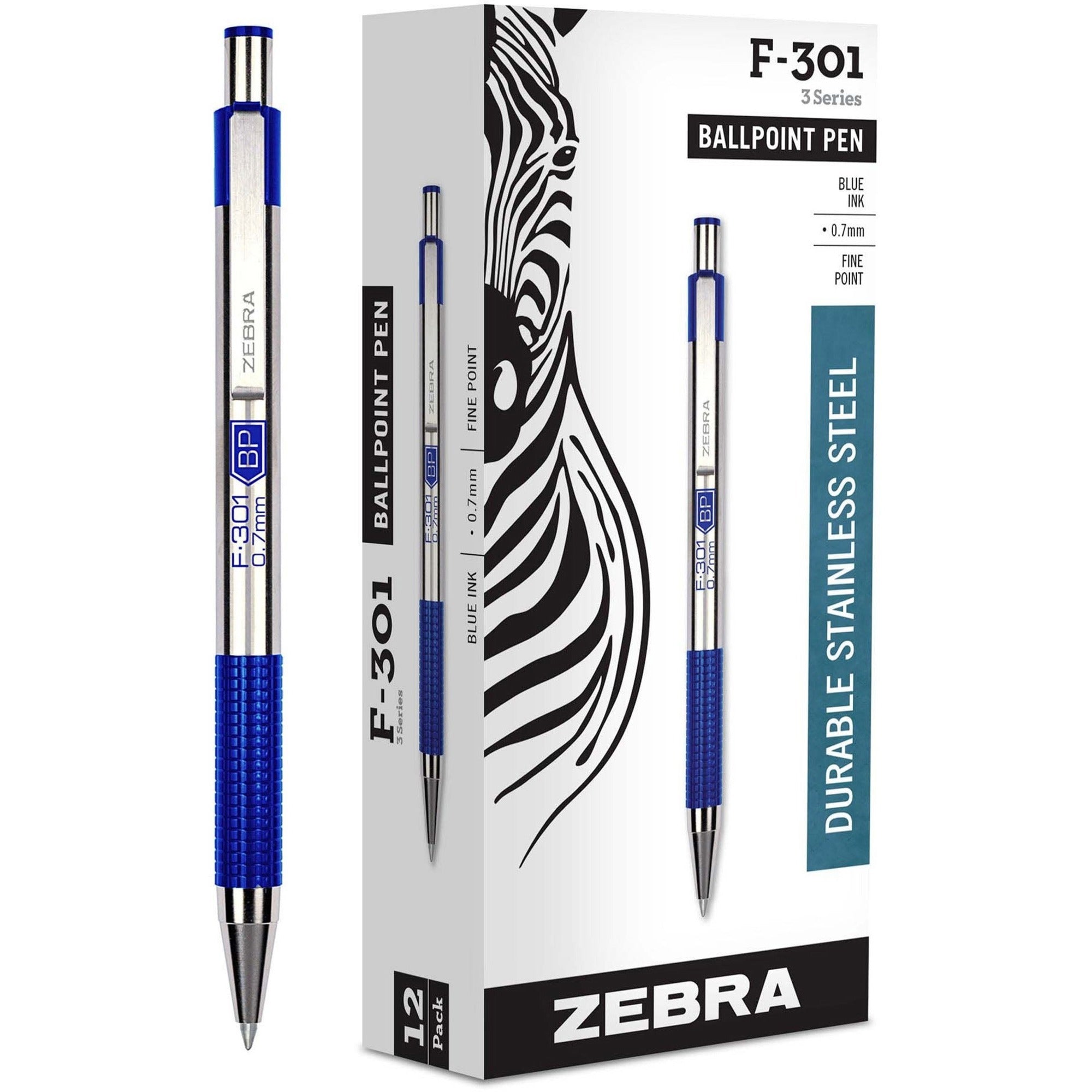 Zebra F-301 Retractable Ballpoint Pen - 0.7 mm Fine Pen Point - Refillable - Retractable - Blue Ink - Stainless Steel Stainless Steel Barrel - 1 Each
