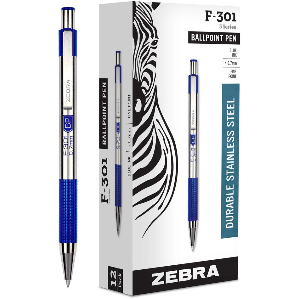 Zebra F-301 Retractable Ballpoint Pen - 0.7 mm Fine Pen Point - Refillable - Retractable - Blue Ink - Stainless Steel Stainless Steel Barrel - 1 Each