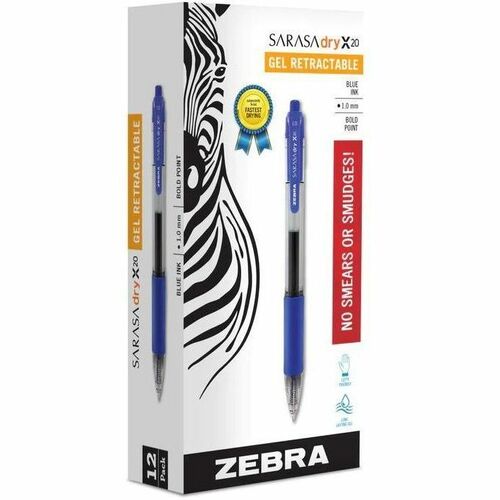 Zebra SARASA dry X20 Retractable Gel Pen - 1 mm Bold Pen Point - Refillable - Retractable - Blue Ink - Transparent Barrel - 1 Dozen