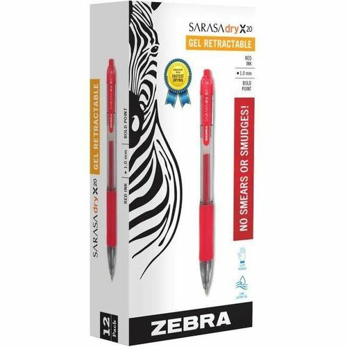 Zebra SARASA dry X20 Retractable Gel Pen - 1 mm Bold Pen Point - Refillable - Retractable - Red Ink - Pigment-based - Translucent Barrel - 1 Dozen