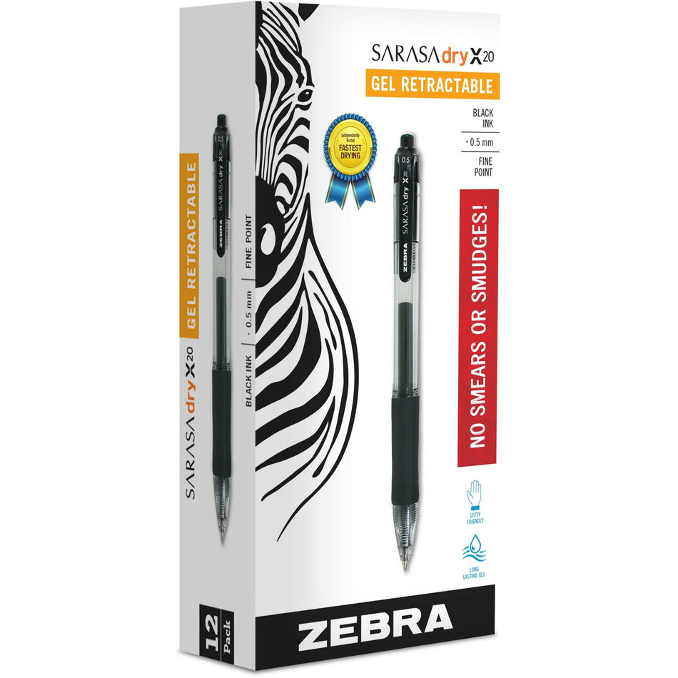 Zebra SARASA dry X20 Retractable Gel Pen - 0.5 mm Fine Pen Point - Retractable - Black Ink - Pigment-based - Translucent Barrel - 1 Dozen