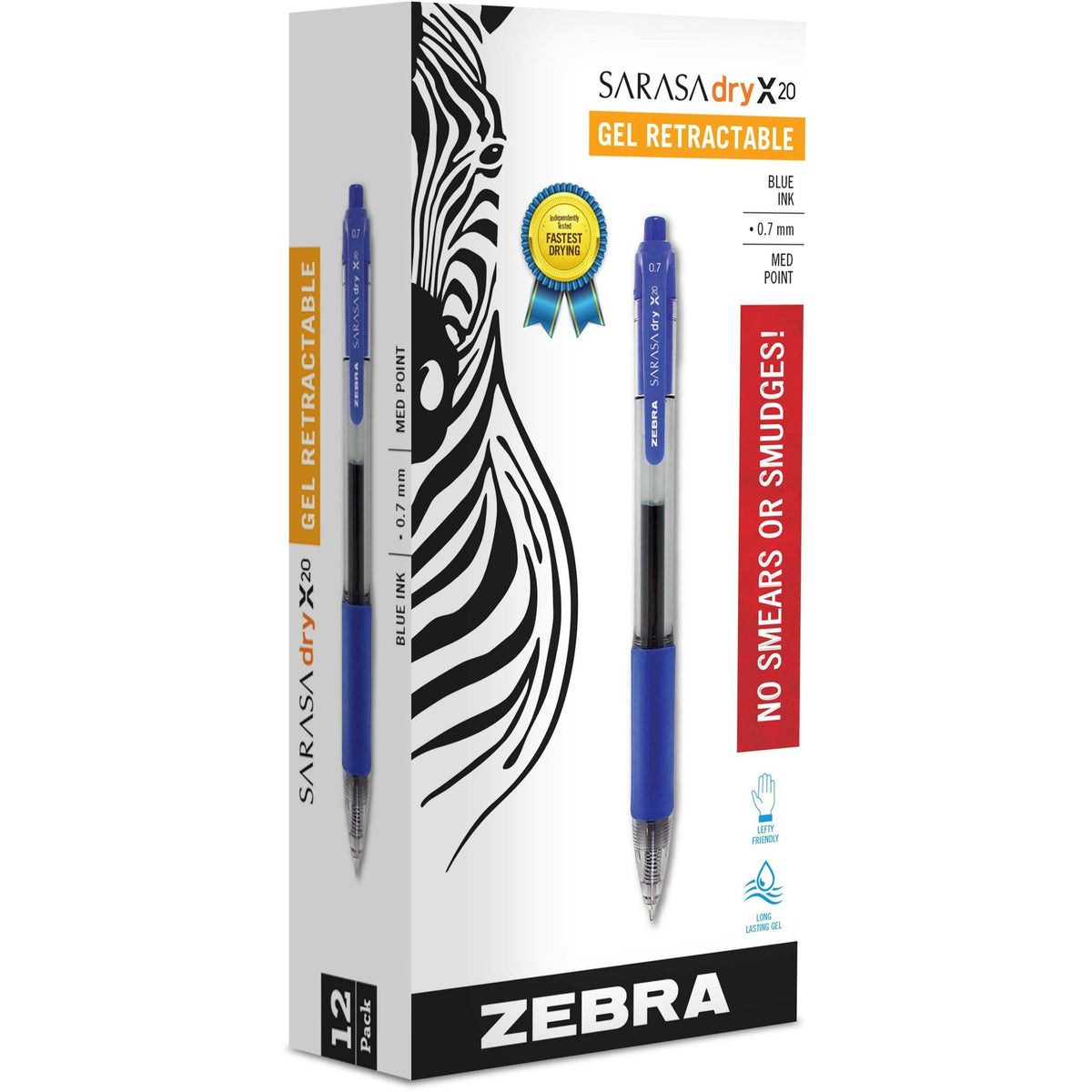 Zebra SARASA dry X20 Retractable Gel Pen - 0.7 mm Medium Pen Point - Refillable - Retractable - Blue Ink - Pigment-based - Translucent Barrel - 1 Dozen