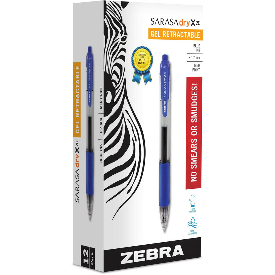 Zebra SARASA dry X20 Retractable Gel Pen - 0.7 mm Medium Pen Point - Refillable - Retractable - Blue Ink - Pigment-based - Translucent Barrel - 1 Dozen