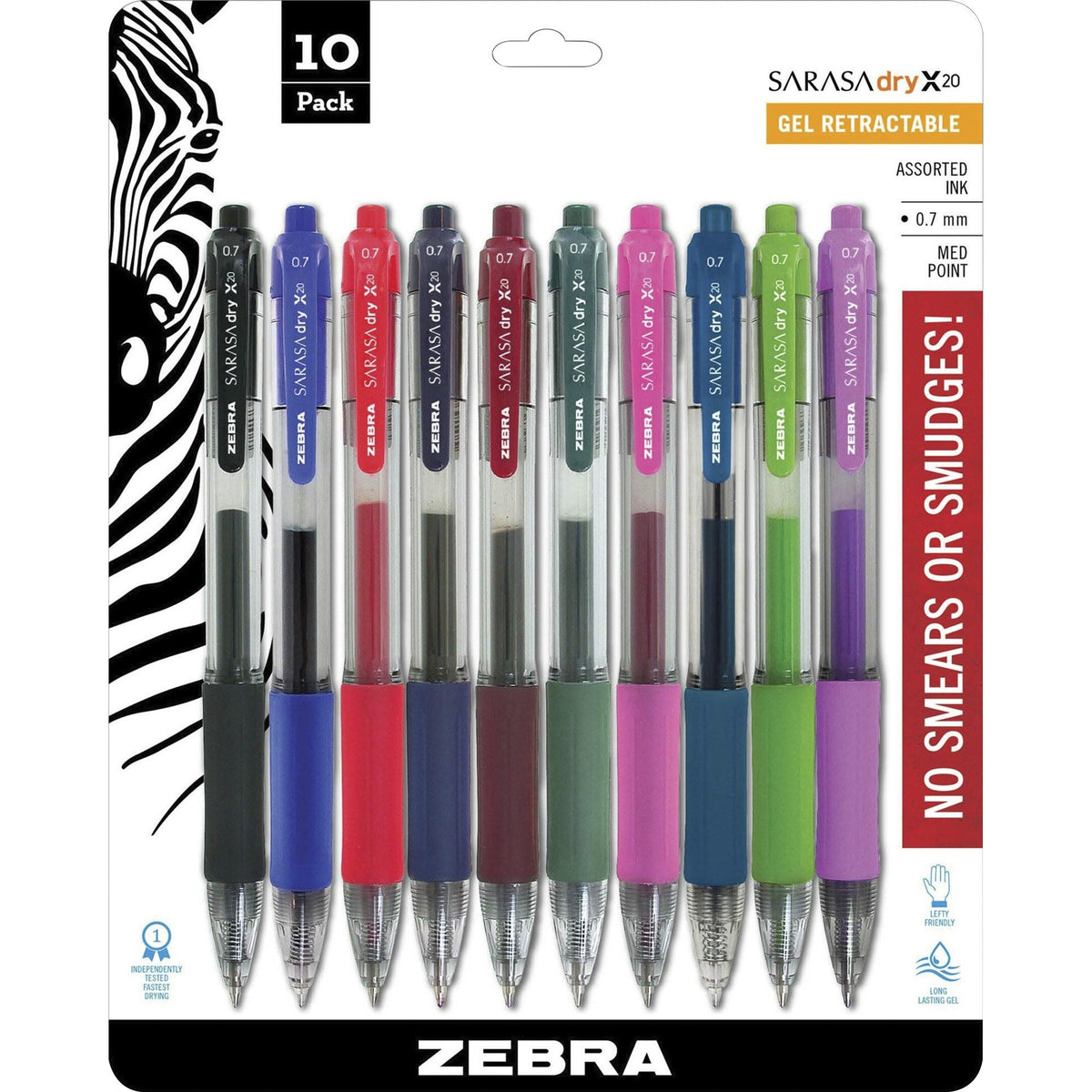 Zebra SARASA dry X20 Retractable Gel Pen - Medium Pen Point - Refillable - Retractable - Assorted Ink - Pigment-based - Translucent Barrel - 10 / Set