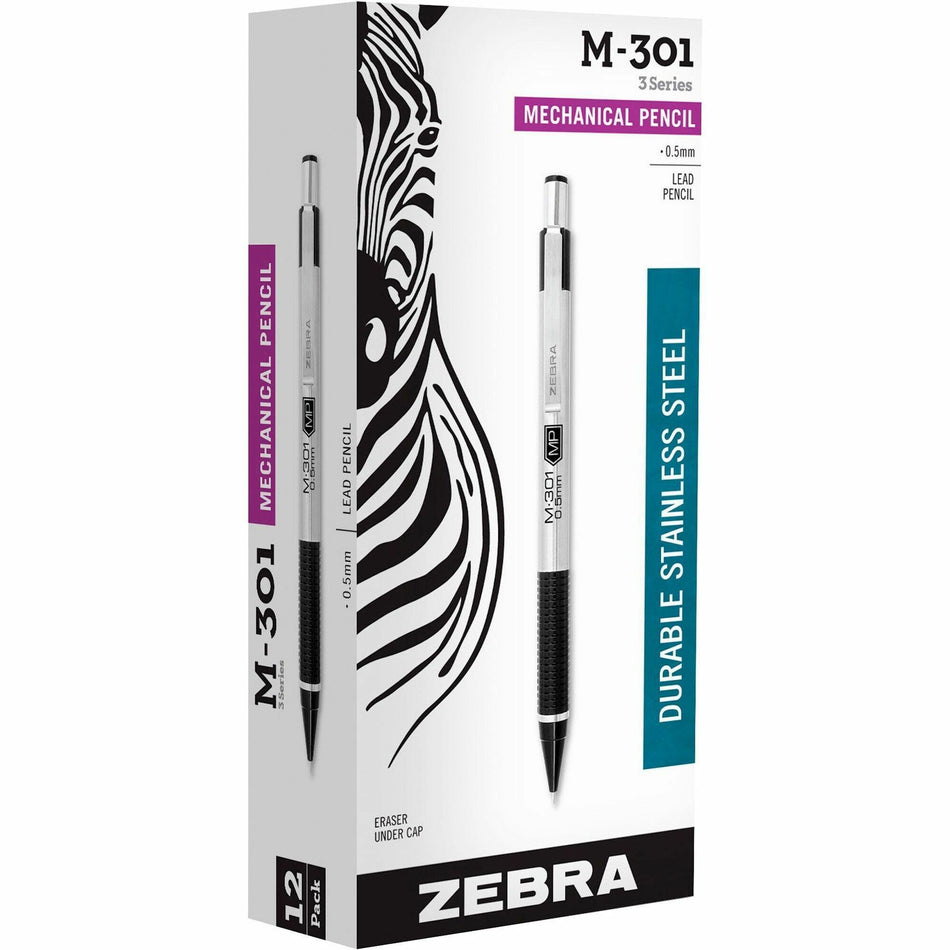 Zebra STEEL 3 Series M-301 Mechanical Pencil - 0.5 mm Lead - Refillable - Black Stainless Steel Barrel - 1 Dozen