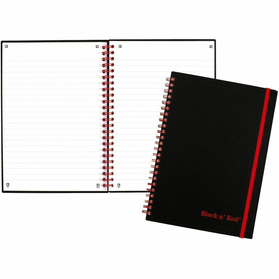 Black n' Red Business Notebook - 70 Sheets - Wire Bound - 24 lb Basis Weight - A5 - 5 7/8" x 8 1/4" Sheet Size - White Paper - Red Binding - Black Polypropylene Cover - Perforated, Wipe-clean Cover, Rigid, Strap, Micro Perforated - 1 Each