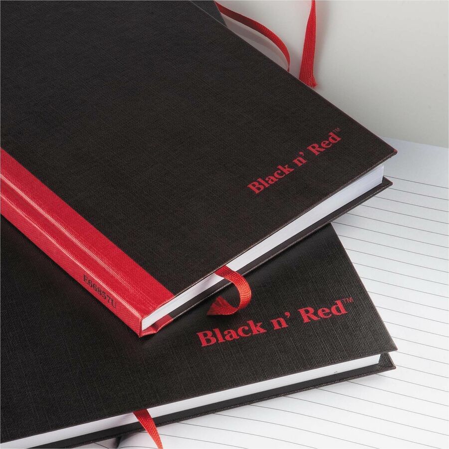 Black n' Red Casebound Ruled Notebooks - A5 - 96 Sheets - Sewn - 24 lb Basis Weight - A5 - 5 5/8" x 8 1/4" Sheet Size - White Paper - Red Binding - Black Cover - Ribbon Marker, Hard Cover - 1 Each