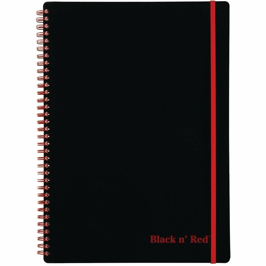 Black n' Red Soft Cover Business Notebook - 70 Sheets - Twin Wirebound - Ruled Margin - 24 lb Basis Weight - 8 1/4" x 11 3/4" Sheet Size - White Paper - Red Binding - Black Polypropylene Cover - Perforated, Flexible Cover, Wipe-clean Cover, Strap - 1 Each