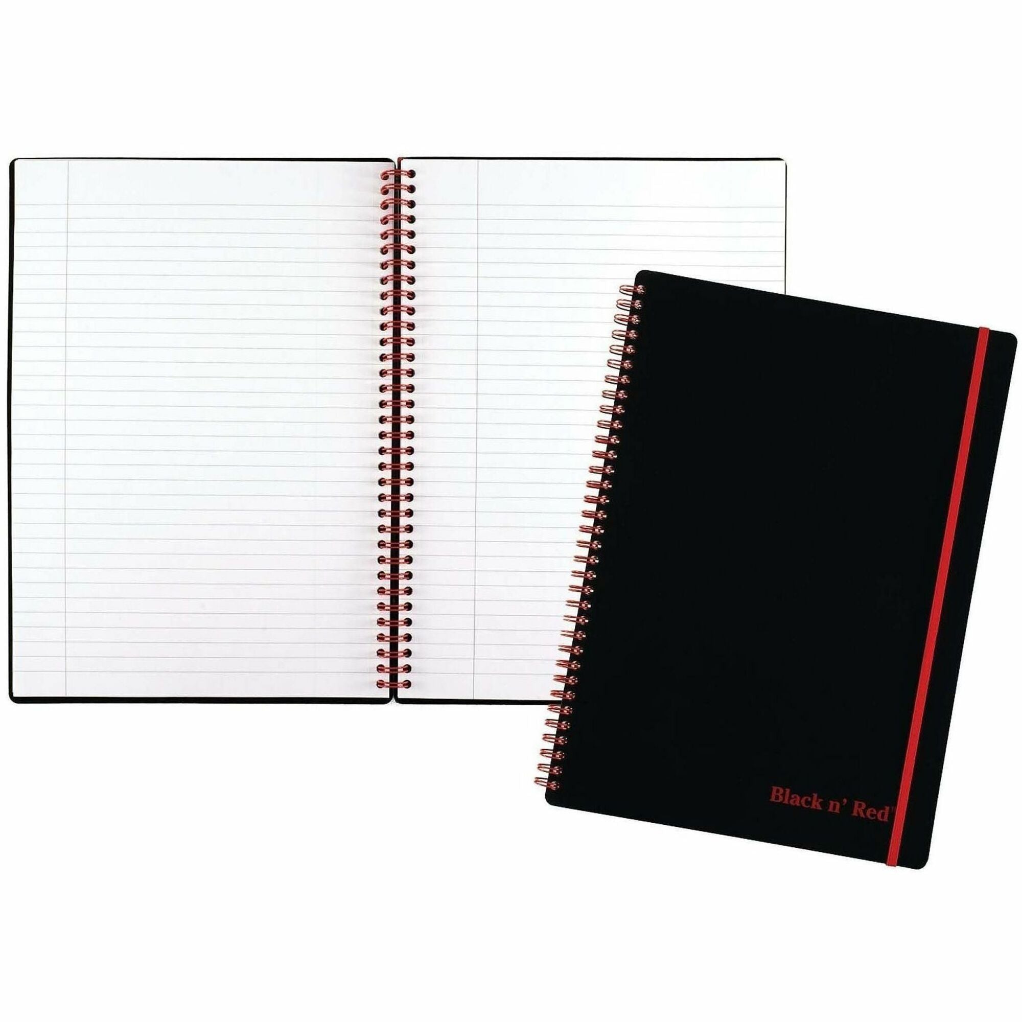 Black n' Red Soft Cover Business Notebook - 70 Sheets - Twin Wirebound - Ruled Margin - 24 lb Basis Weight - 8 1/4" x 11 3/4" Sheet Size - White Paper - Red Binding - Black Polypropylene Cover - Perforated, Flexible Cover, Wipe-clean Cover, Strap - 1 Each
