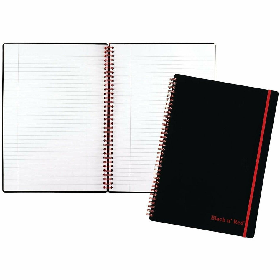 Black n' Red Soft Cover Business Notebook - 70 Sheets - Twin Wirebound - Ruled Margin - 24 lb Basis Weight - 8 1/4" x 11 3/4" Sheet Size - White Paper - Red Binding - Black Polypropylene Cover - Perforated, Flexible Cover, Wipe-clean Cover, Strap - 1 Each