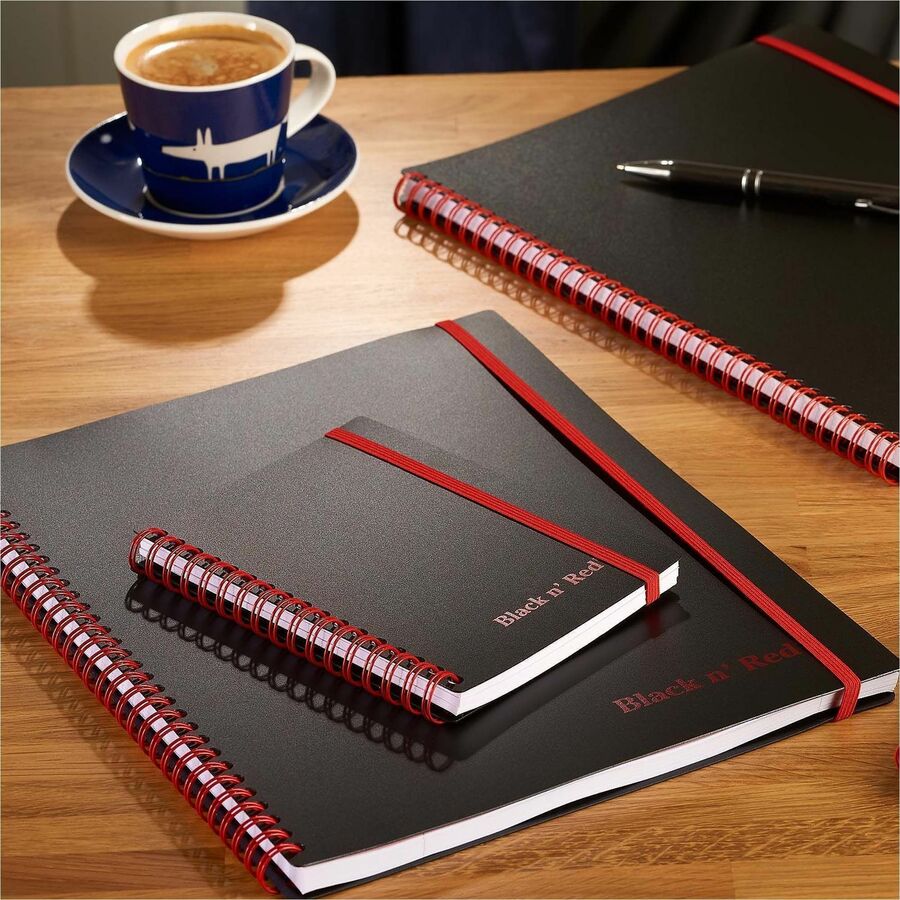 Black n' Red Business Notebook - 70 Sheets - Double Wire Spiral - 24 lb Basis Weight - A6 - 4 1/8" x 5 7/8" Sheet Size - White Paper - Red Binding - Black Polypropylene Cover - Perforated, Wipe-clean Cover, Strap - 1 Each