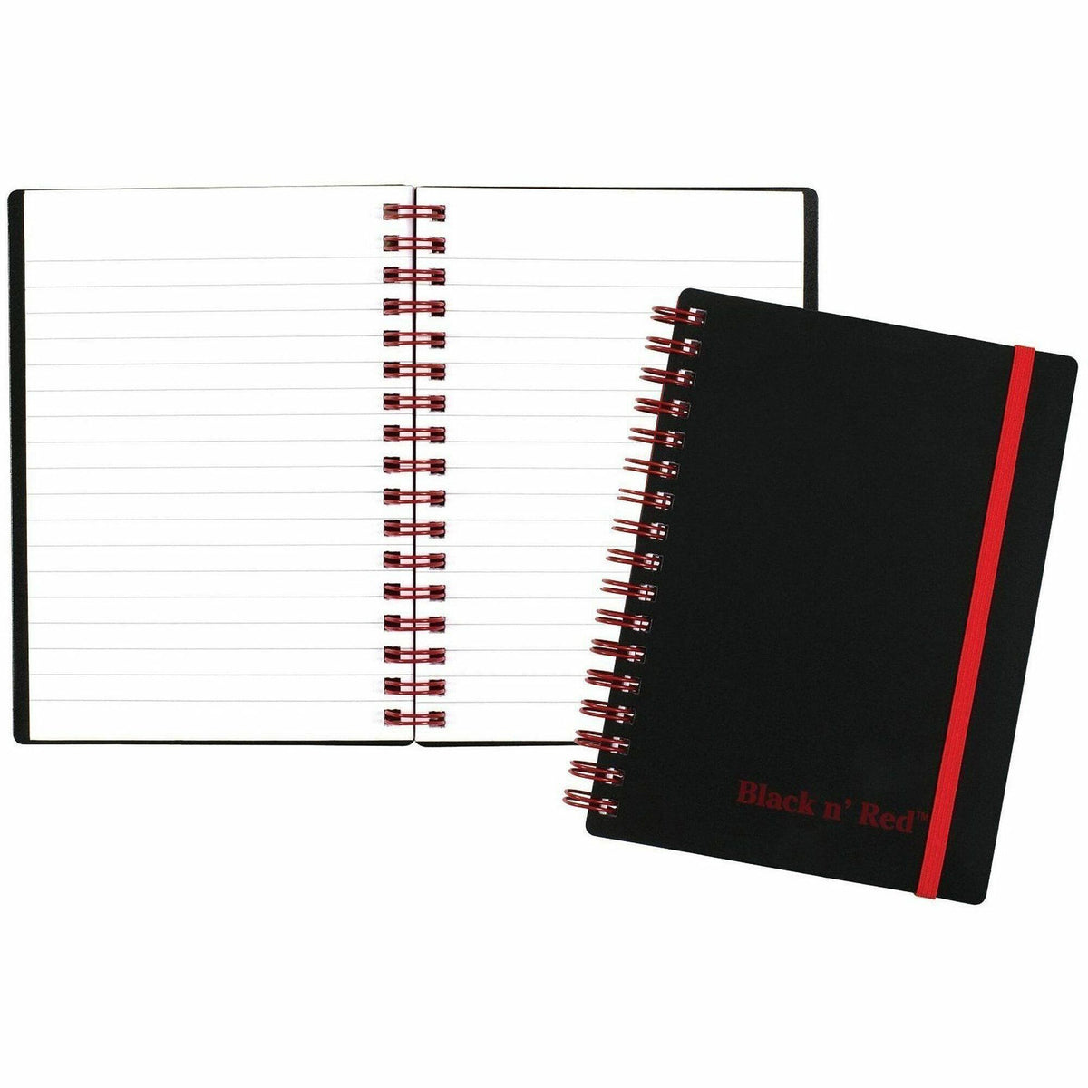 Black n' Red Business Notebook - 70 Sheets - Double Wire Spiral - 24 lb Basis Weight - A6 - 4 1/8" x 5 7/8" Sheet Size - White Paper - Red Binding - Black Polypropylene Cover - Perforated, Wipe-clean Cover, Strap - 1 Each