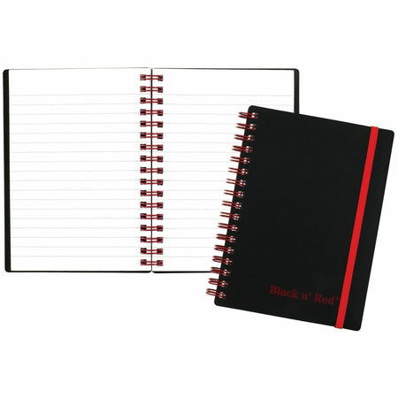 Black n' Red Business Notebook - 70 Sheets - Double Wire Spiral - 24 lb Basis Weight - A6 - 4 1/8" x 5 7/8" Sheet Size - White Paper - Red Binding - Black Polypropylene Cover - Perforated, Wipe-clean Cover, Strap - 1 Each