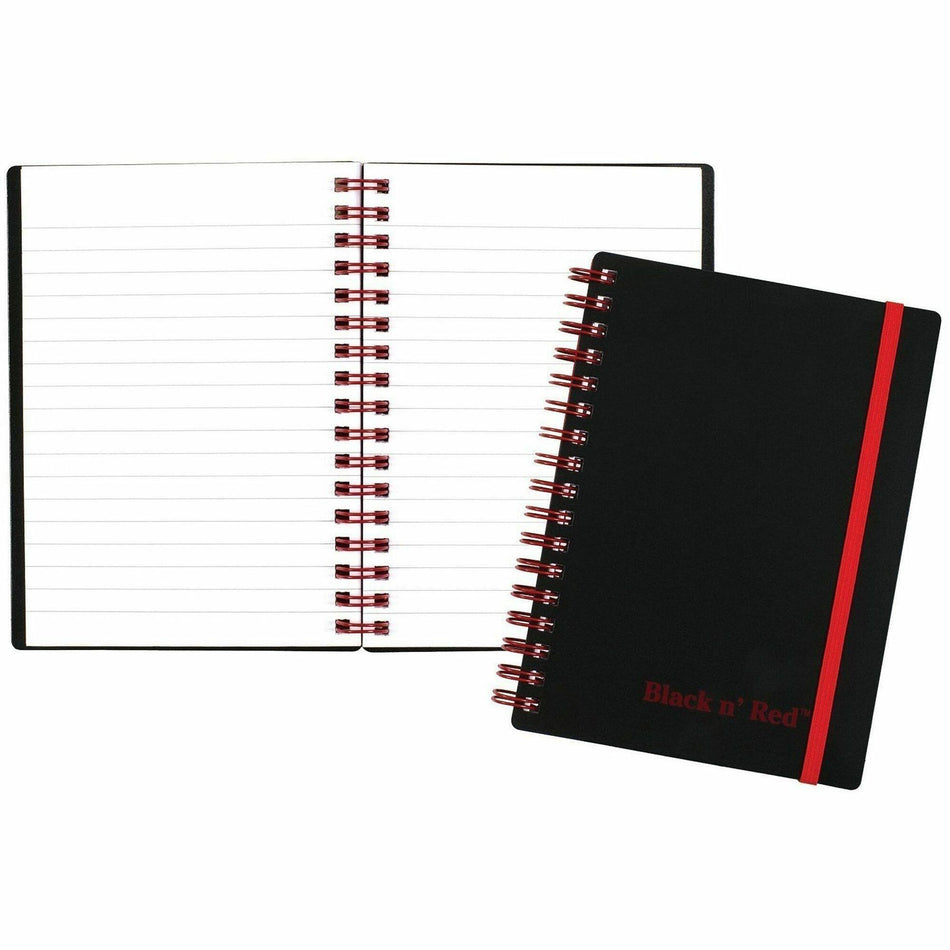 Black n' Red Business Notebook - 70 Sheets - Double Wire Spiral - 24 lb Basis Weight - A6 - 4 1/8" x 5 7/8" Sheet Size - White Paper - Red Binding - Black Polypropylene Cover - Perforated, Wipe-clean Cover, Strap - 1 Each