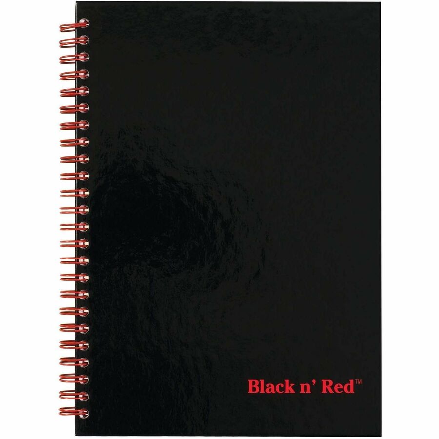 Black n' Red Wirebound Ruled Notebook - A5 - 70 Sheets - Wire Bound - 24 lb Basis Weight - A5 - 5 7/8" x 8 1/4" Sheet Size - White Paper - Red Binding - Black Cover - Perforated, Wipe-clean Cover, Laminated, Pocket - 1 Each