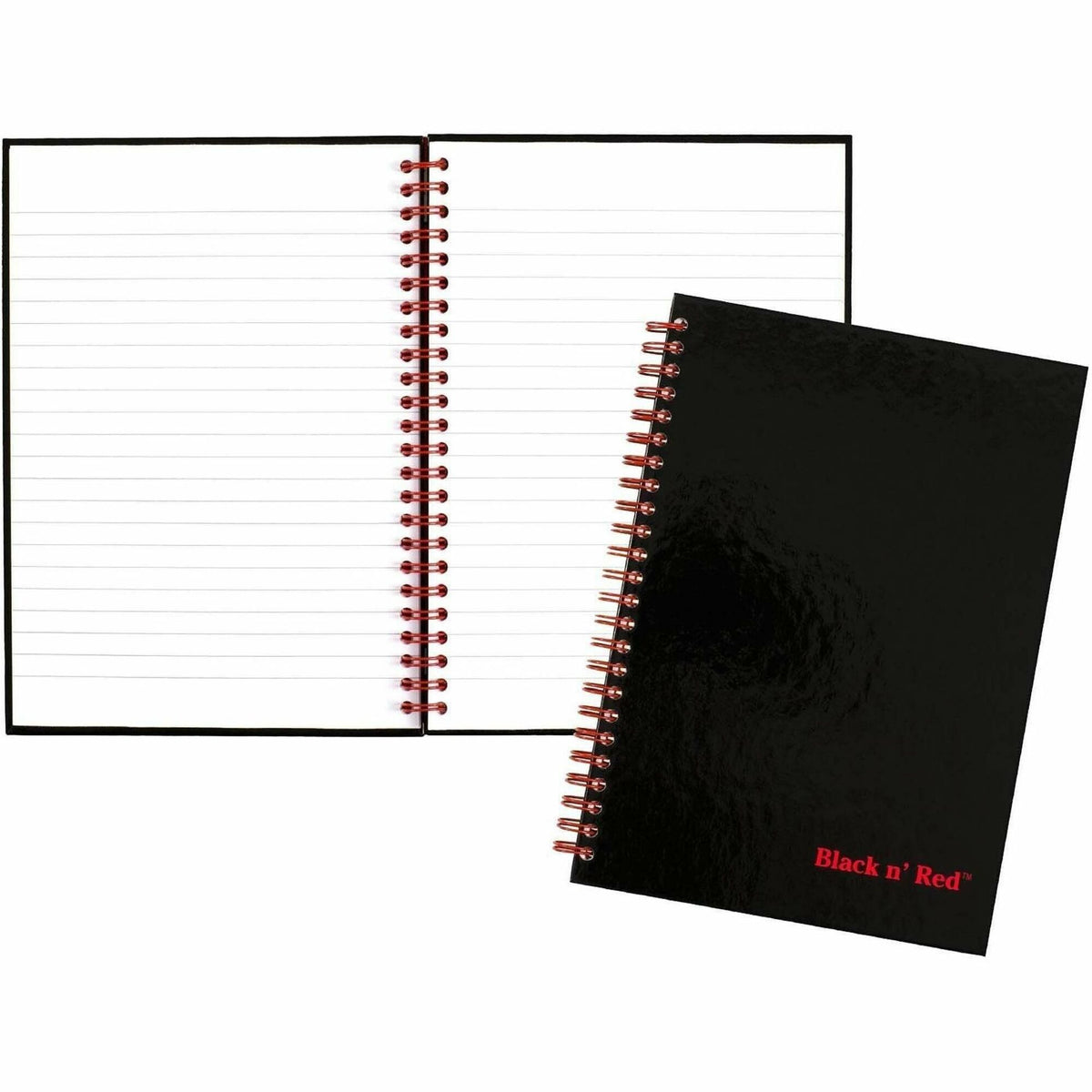 Black n' Red Wirebound Ruled Notebook - A5 - 70 Sheets - Wire Bound - 24 lb Basis Weight - A5 - 5 7/8" x 8 1/4" Sheet Size - White Paper - Red Binding - Black Cover - Perforated, Wipe-clean Cover, Laminated, Pocket - 1 Each