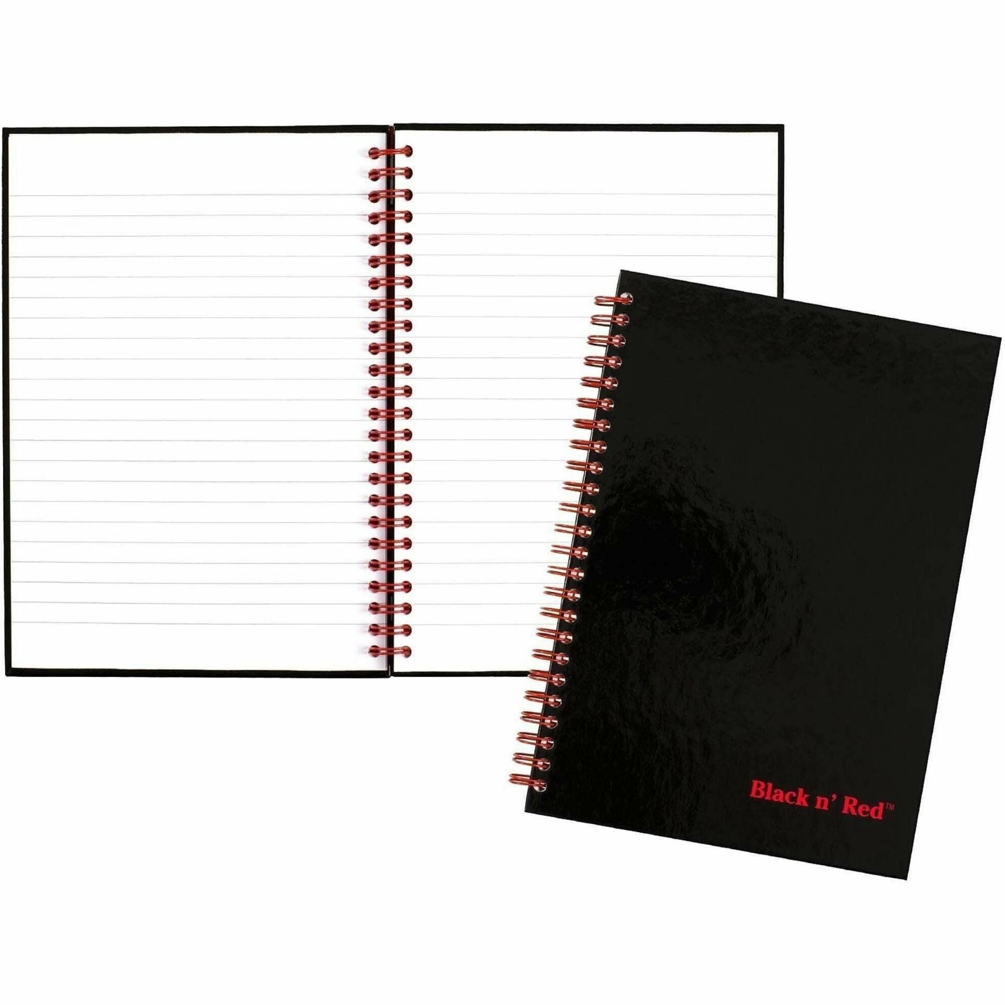 Black n' Red Wirebound Ruled Notebook - A5 - 70 Sheets - Wire Bound - 24 lb Basis Weight - A5 - 5 7/8" x 8 1/4" Sheet Size - White Paper - Red Binding - Black Cover - Perforated, Wipe-clean Cover, Laminated, Pocket - 1 Each