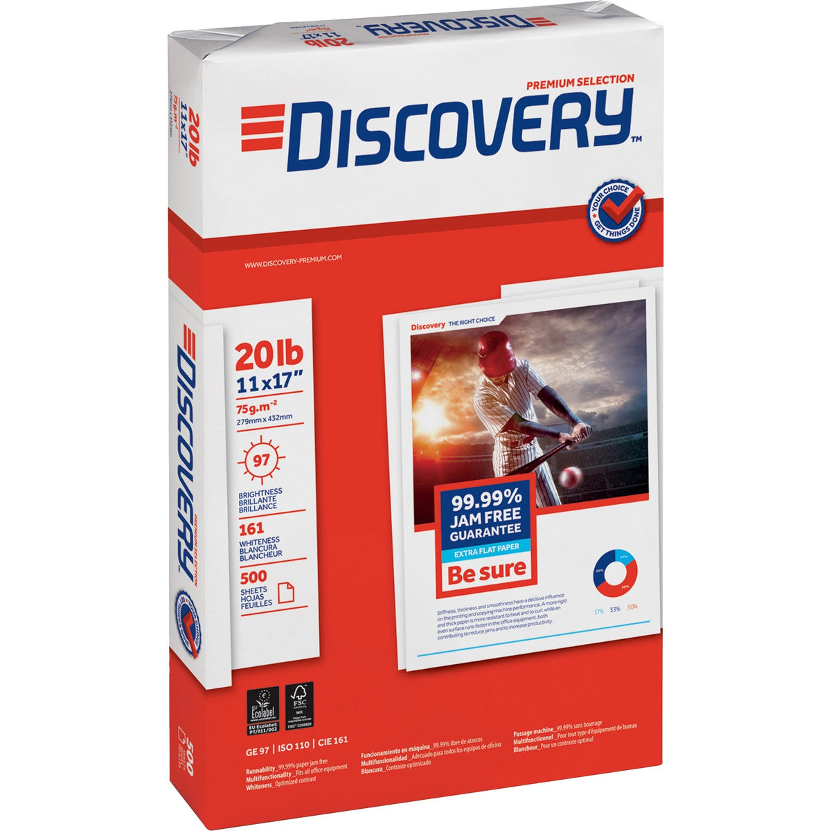 Discovery Premium Multipurpose Paper - Anti-Jam - White - 97 Brightness - Ledger/Tabloid - 11" x 17" - 20 lb Basis Weight - Excellent Ink Absorption - White - 500 Sheets per Ream - 5 / Carton