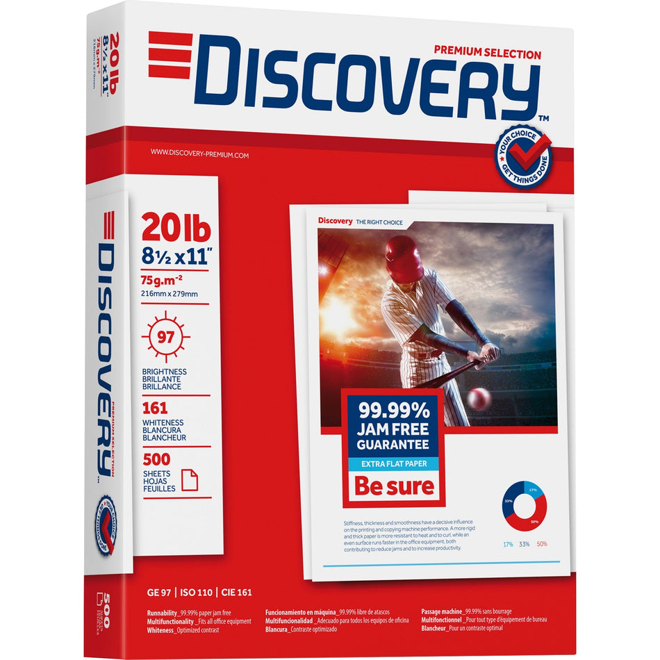 Discovery Premium Multipurpose Paper - Anti-Jam - White - 97 Brightness - Letter - 8 1/2" x 11" - 20 lb Basis Weight - Excellent Ink Absorption, Anti-jam - White - 500 Sheets per Ream - 10 / Carton