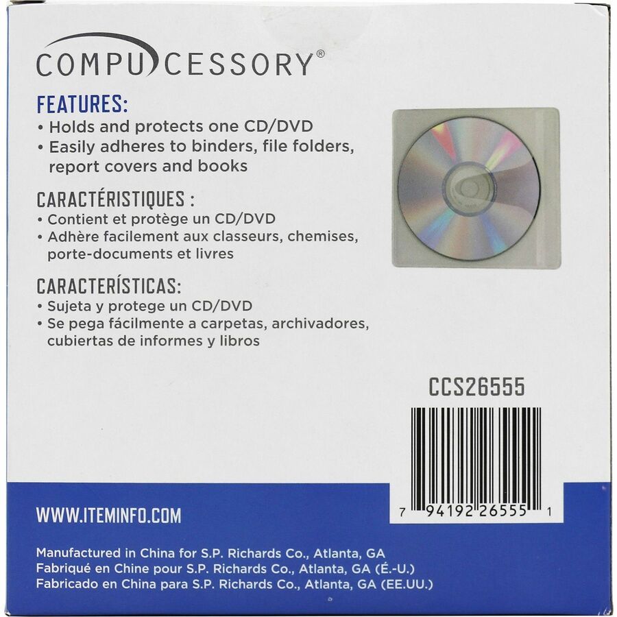 Compucessory Self-Adhesive Poly CD/DVD Holders - 1 x CD/DVD Capacity - White - Polypropylene - 50 / Pack