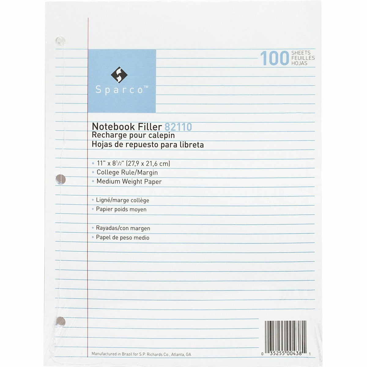 Sparco Notebook Filler Paper - Letter - 100 Sheets - Ruled Red Margin - 16 lb Basis Weight - Letter - 8 1/2" x 11" Sheet Size - White Paper - Subject - 100 / Pack