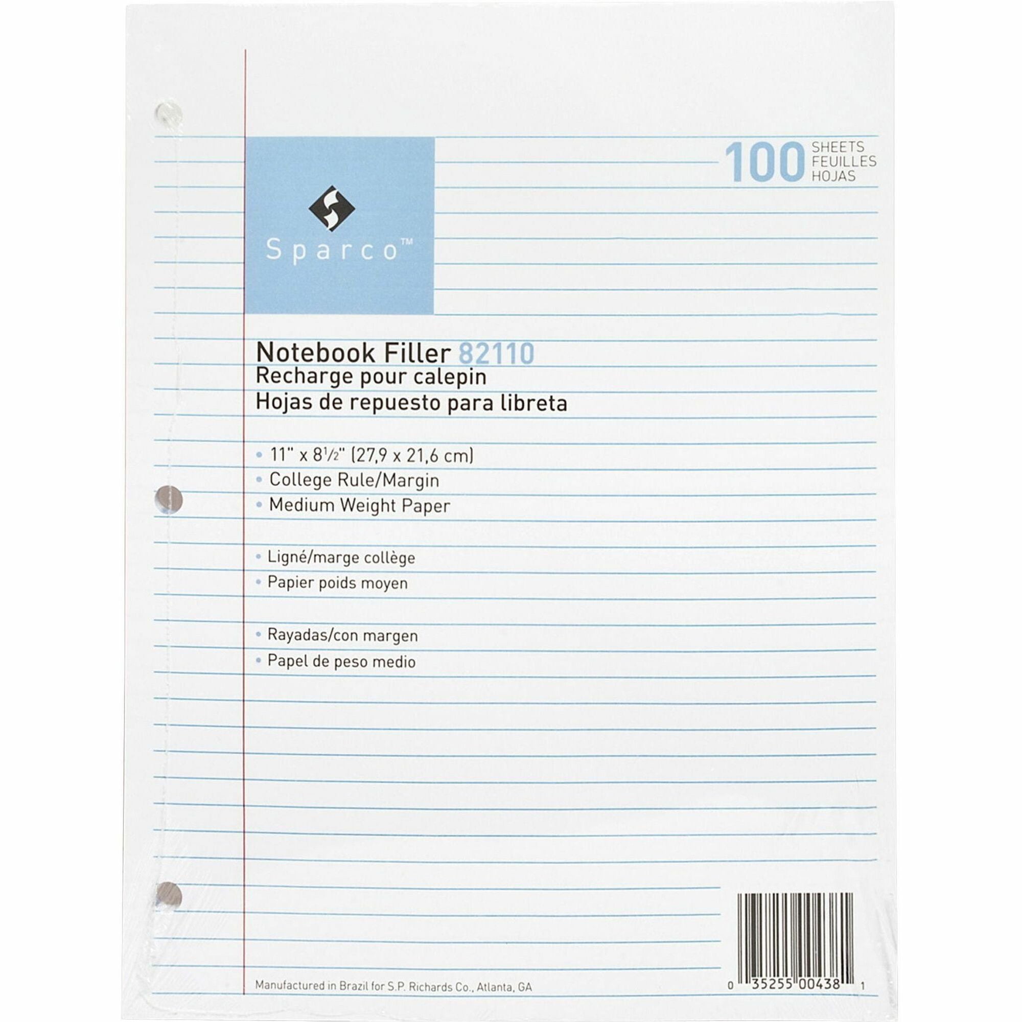 Sparco Notebook Filler Paper - Letter - 100 Sheets - Ruled Red Margin - 16 lb Basis Weight - Letter - 8 1/2" x 11" Sheet Size - White Paper - Subject - 100 / Pack