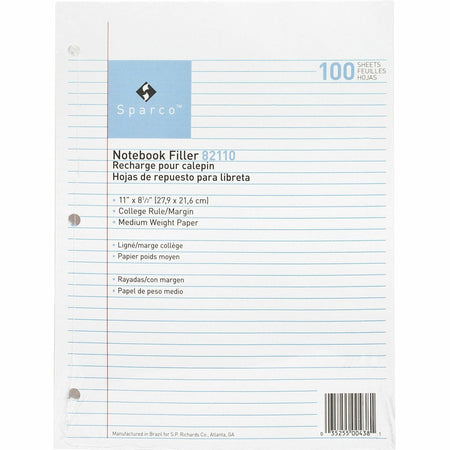 Sparco Notebook Filler Paper - Letter - 100 Sheets - Ruled Red Margin - 16 lb Basis Weight - Letter - 8 1/2" x 11" Sheet Size - White Paper - Subject - 100 / Pack