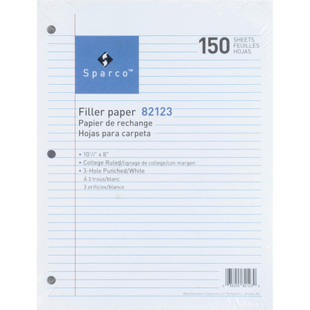 Sparco 3-hole Punched Filler Paper - 150 Sheets - College Ruled Front Ruling - Ruled Red Margin - 16 lb Basis Weight - 8" x 10 1/2" Sheet Size - White Paper - Bleed-free - 150 / Pack