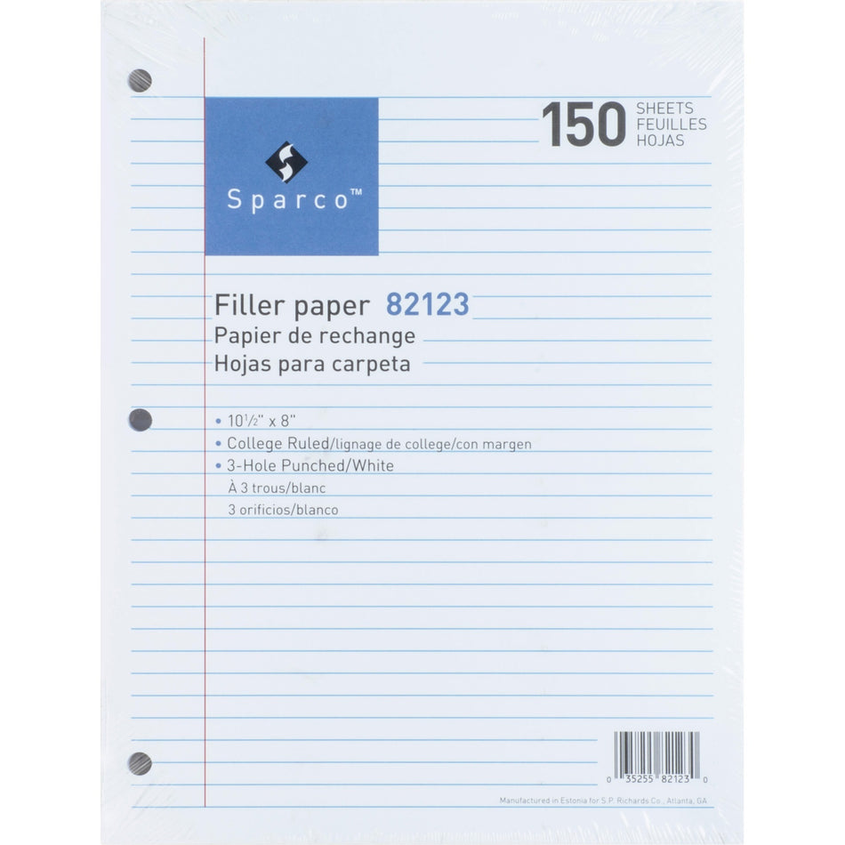 Sparco 3-hole Punched Filler Paper - 150 Sheets - College Ruled Front Ruling - Ruled Red Margin - 16 lb Basis Weight - 8" x 10 1/2" Sheet Size - White Paper - Bleed-free - 150 / Pack