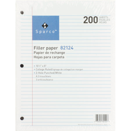 Sparco 3-hole Punched Filler Paper - 200 Sheets - College Ruled Front Ruling - Ruled Red Margin - 16 lb Basis Weight - 8" x 10 1/2" Sheet Size - White Paper - Bleed-free - 200 / Pack