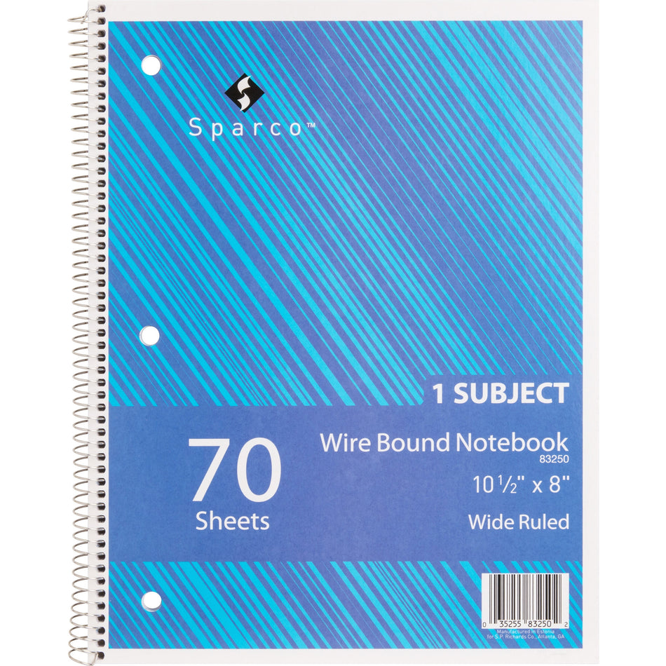 Sparco Quality 3HP Notebook - 1 Subject(s) - 70 Sheets - Wire Bound - Wide Ruled Front Ruling - Unruled Margin - 16 lb Basis Weight - 8" x 10 1/2" Sheet Size - Bright White Paper - Assorted Chipboard Cover - Bleed Resistant, Stiff-cover - 1 Each