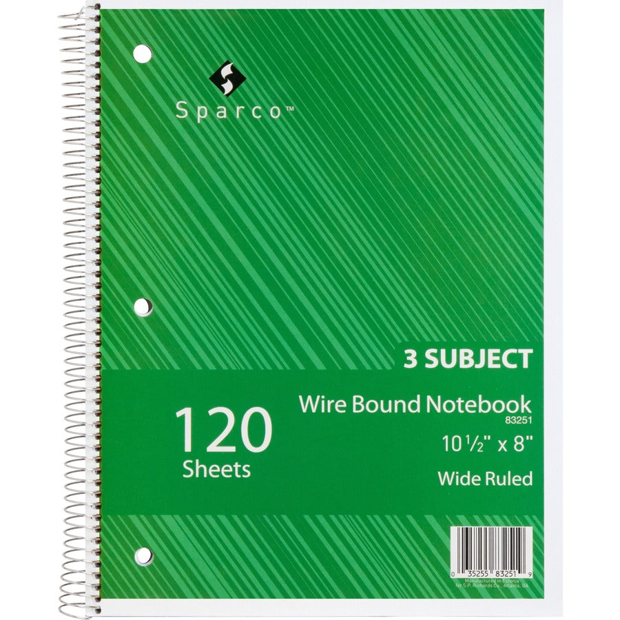 Sparco Quality 3HP Notebook - 3 Subject(s) - 120 Sheets - Wire Bound - Wide Ruled Front Ruling - Unruled Margin - 16 lb Basis Weight - 8" x 10 1/2" Sheet Size - Bright White Paper - Assorted Chipboard Cover - Bleed Resistant, Stiff-cover - 1 Each