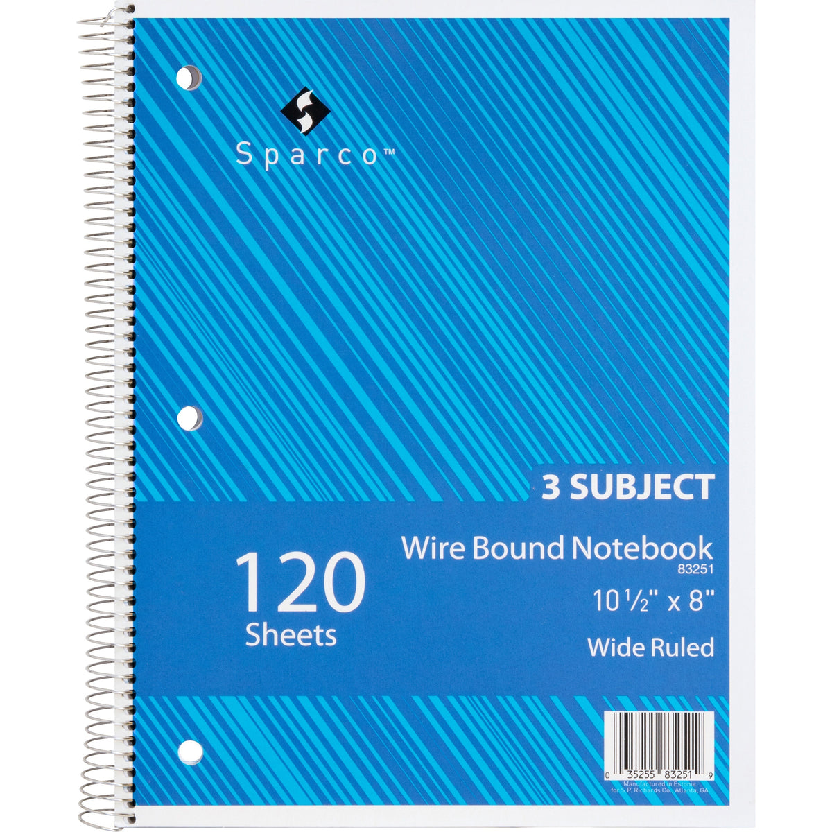 Sparco Quality 3HP Notebook - 3 Subject(s) - 120 Sheets - Wire Bound - Wide Ruled Front Ruling - Unruled Margin - 16 lb Basis Weight - 8" x 10 1/2" Sheet Size - Bright White Paper - Assorted Chipboard Cover - Bleed Resistant, Stiff-cover - 1 Each