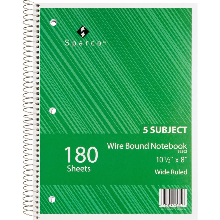 Sparco Quality 3HP Notebook - 5 Subject(s) - 180 Sheets - Wire Bound - Wide Ruled Front Ruling - Unruled Margin - 16 lb Basis Weight - 8" x 10 1/2" Sheet Size - Bright White Paper - Assorted Chipboard Cover - Bleed Resistant, Stiff-cover - 1 Each