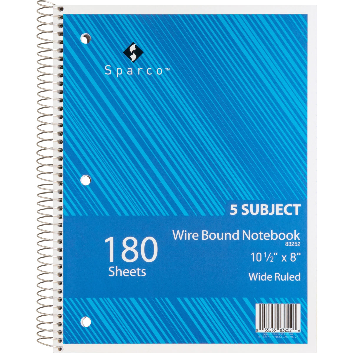 Sparco Quality 3HP Notebook - 5 Subject(s) - 180 Sheets - Wire Bound - Wide Ruled Front Ruling - Unruled Margin - 16 lb Basis Weight - 8" x 10 1/2" Sheet Size - Bright White Paper - Assorted Chipboard Cover - Bleed Resistant, Stiff-cover - 1 Each