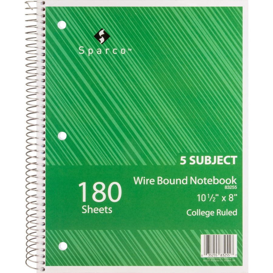 Sparco Wirebound College Ruled Notebooks - 180 Sheets - Wire Bound - College Ruled Front Ruling - Unruled Margin - 8" x 10 1/2" Sheet Size - Assorted Paper - Assorted Chipboard Cover - Resist Bleed-through, Subject, Stiff-back, Stiff-cover - 1 Each