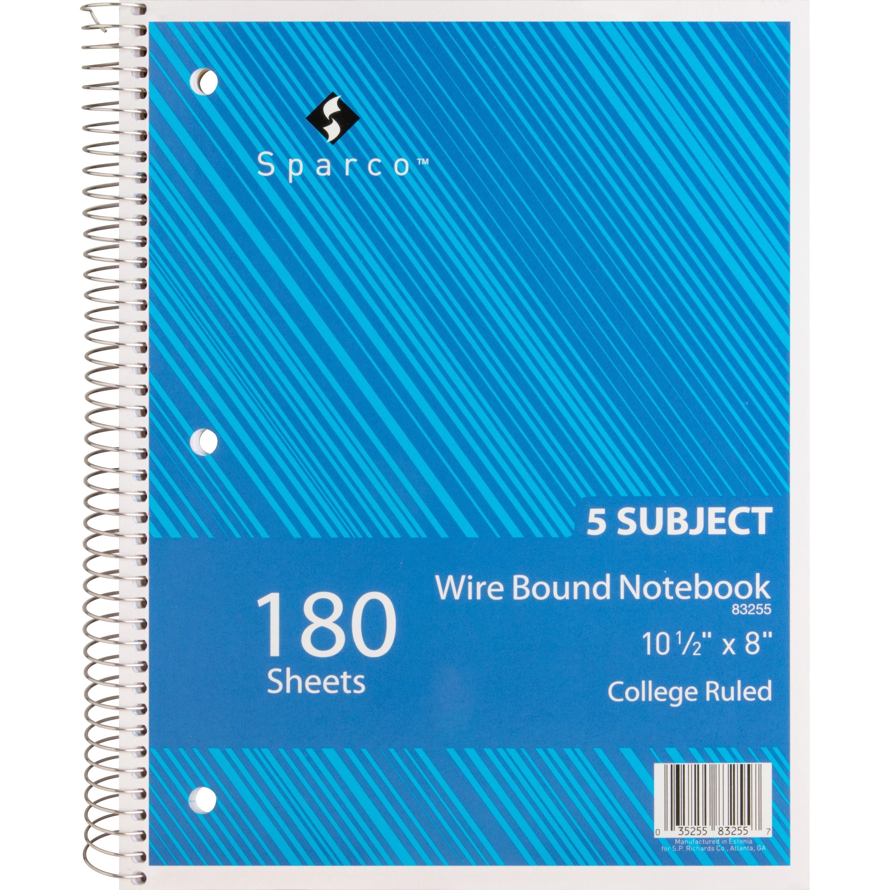 Sparco Wirebound College Ruled Notebooks - 180 Sheets - Wire Bound - College Ruled Front Ruling - Unruled Margin - 8" x 10 1/2" Sheet Size - Assorted Paper - Assorted Chipboard Cover - Resist Bleed-through, Subject, Stiff-back, Stiff-cover - 1 Each